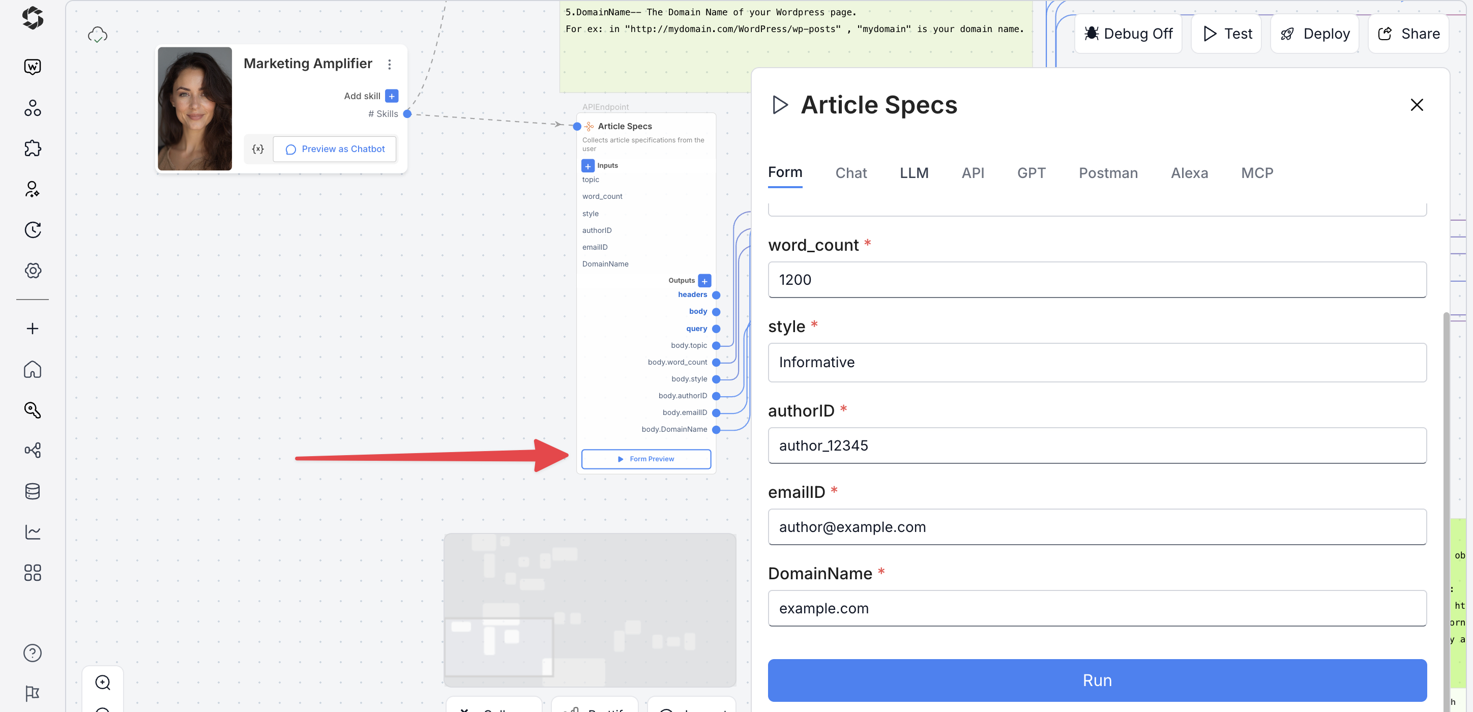 Testing Marketing Amplifier Agent from Form Preview